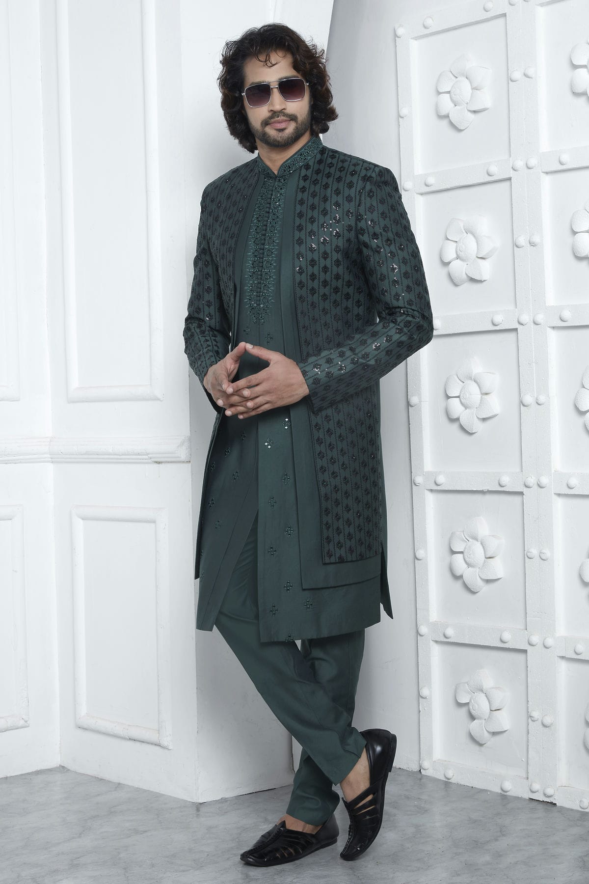 Green Colour Art Silk Indowestern Sherwani With Aligadhi Pant VSSH1230016