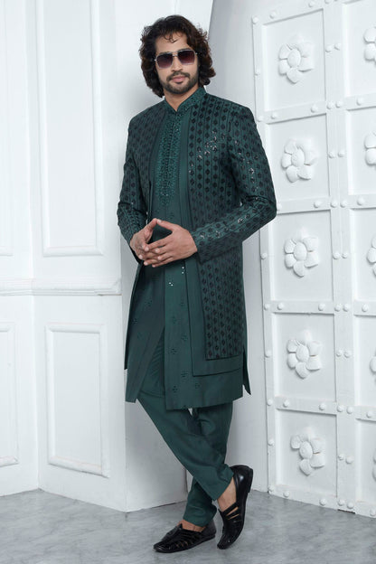 Green Colour Art Silk Indowestern Sherwani With Aligadhi Pant VSSH1230016