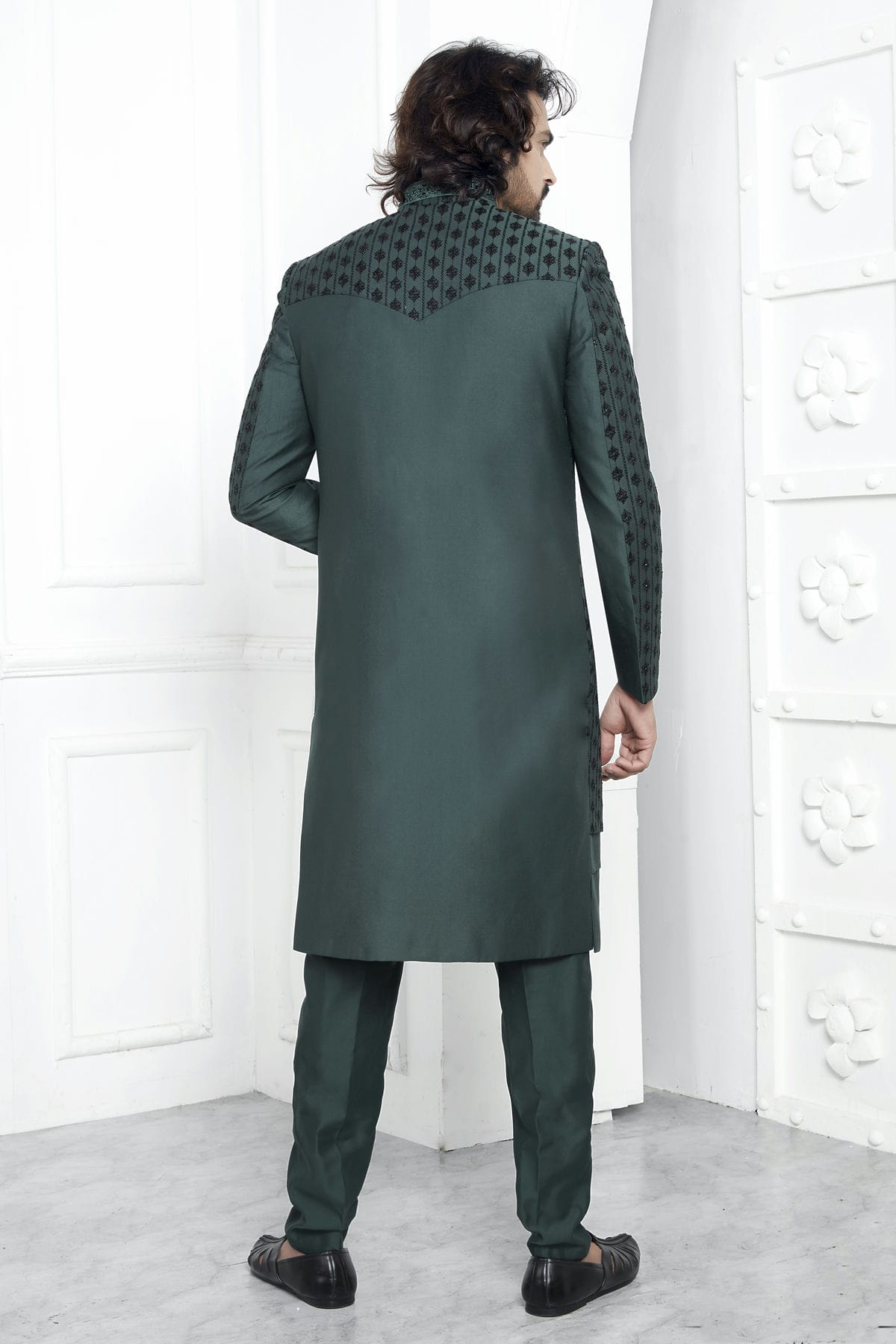 Green Colour Art Silk Indowestern Sherwani With Aligadhi Pant VSSH1230016