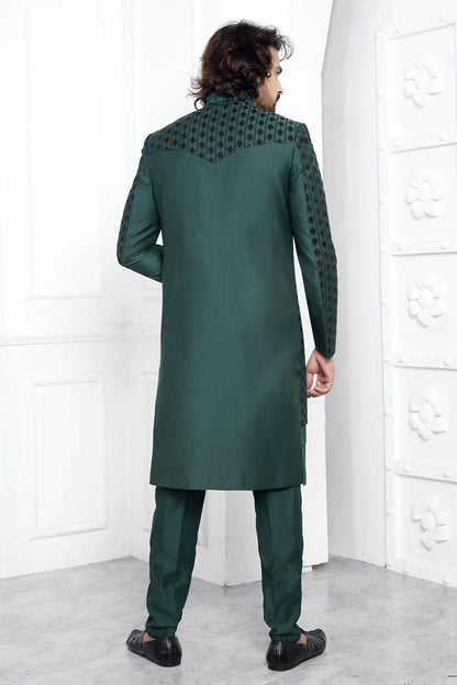 Green Colour Art Silk Indowestern Sherwani With Aligadhi Pant VSSH1230016