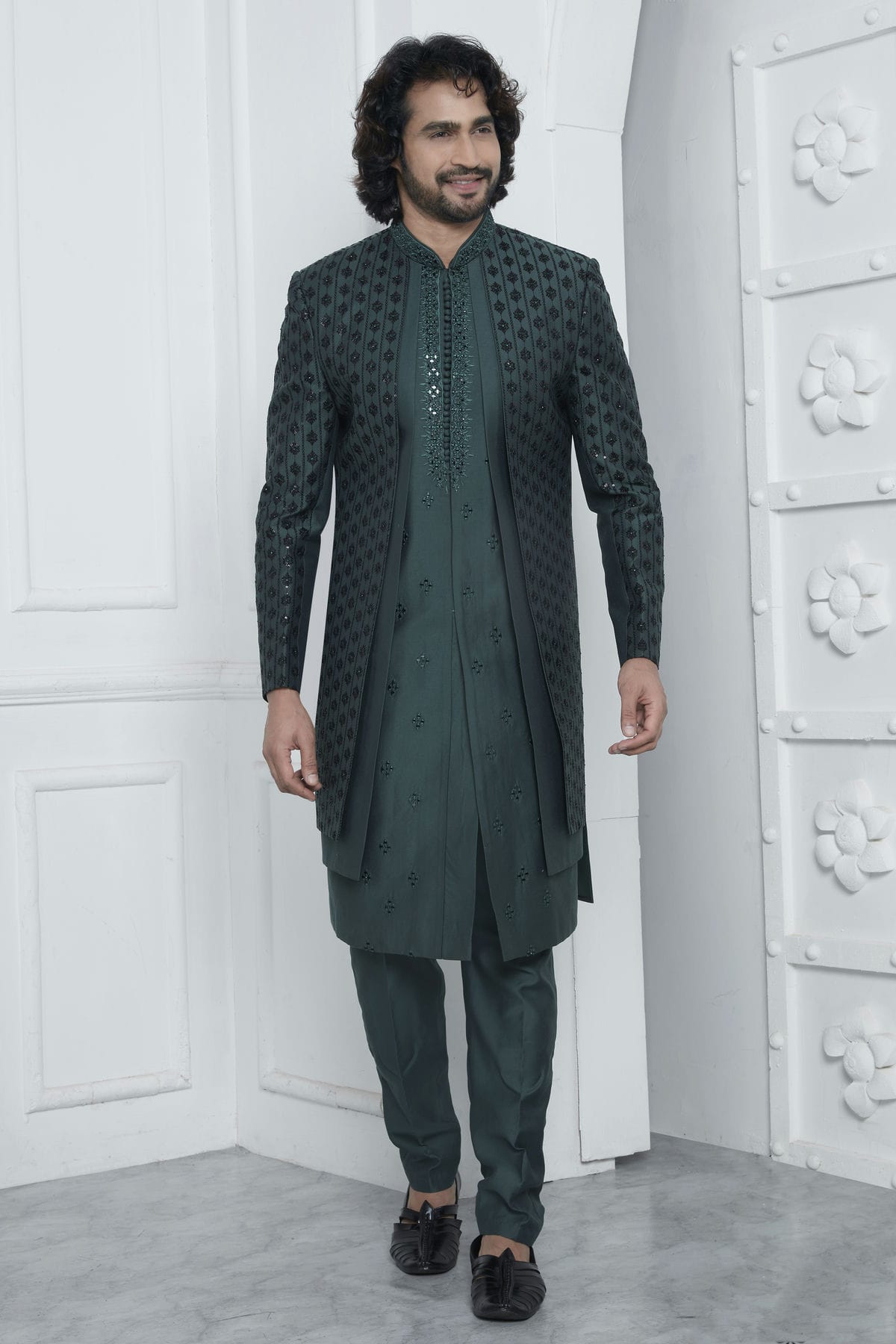 Green Colour Art Silk Indowestern Sherwani With Aligadhi Pant