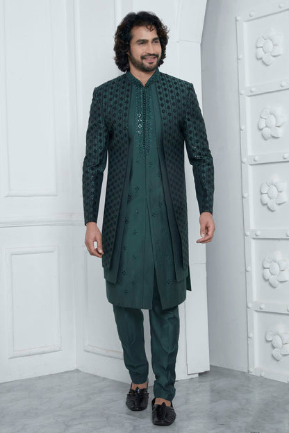 Green Colour Art Silk Indowestern Sherwani With Aligadhi Pant