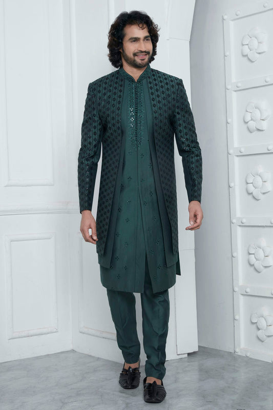 Green Colour Art Silk Indowestern Sherwani With Aligadhi Pant