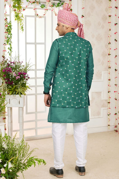 Green Colour Art Silk Kurta Pajama With Jacket VSKP1230268