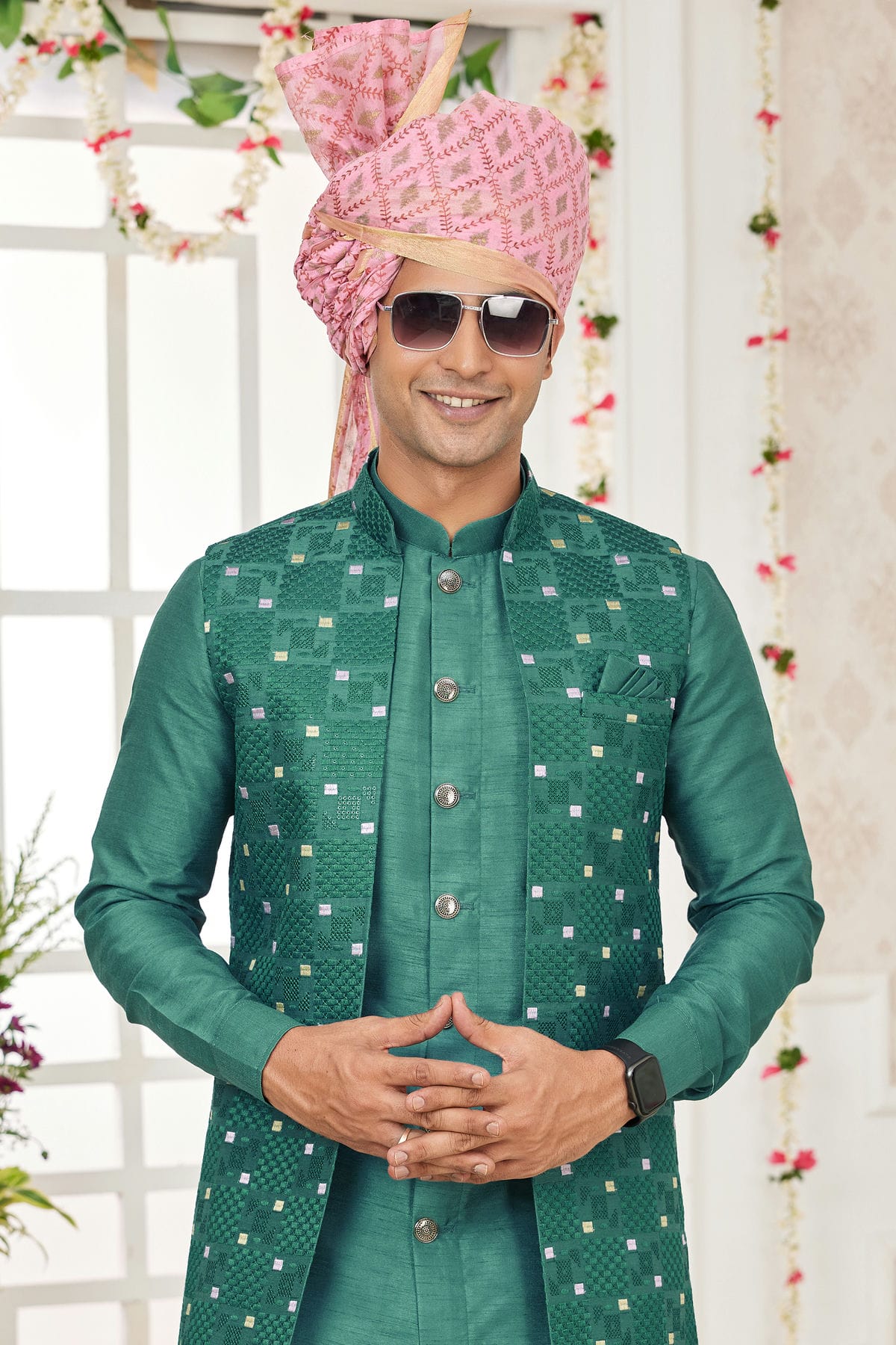 Green Colour Art Silk Kurta Pajama With Jacket VSKP1230268