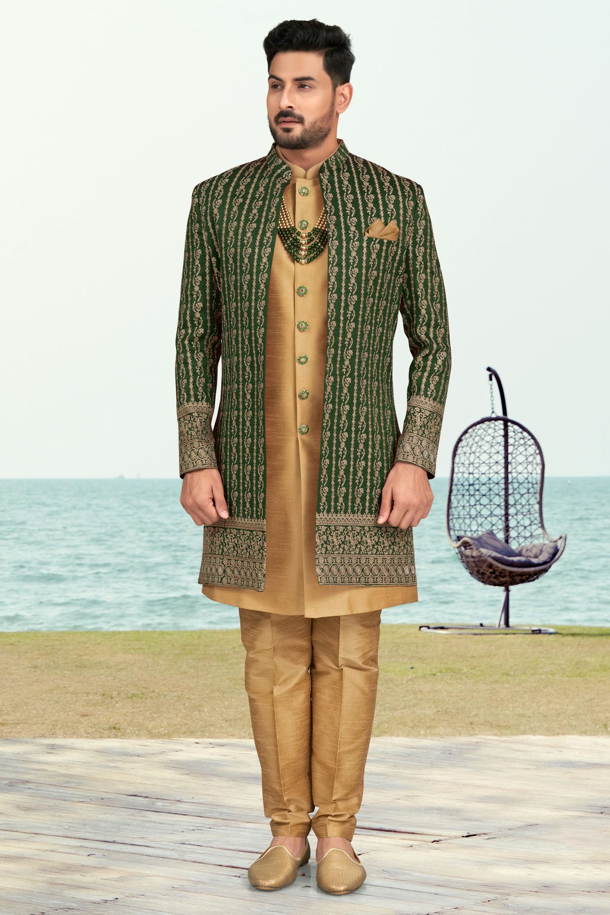 Green Colour Banarasi Silk Sherwani VSSH1040532