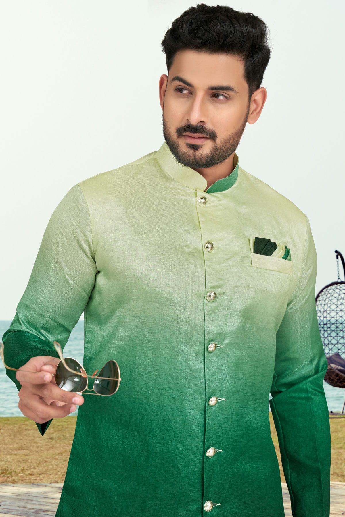 Green Colour Champion Silk Indo Western Sherwani VSSH1040500