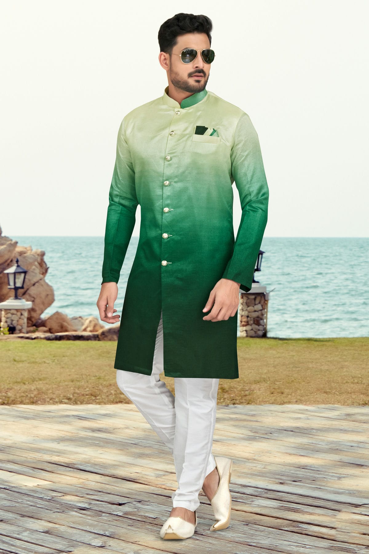 Green Colour Champion Silk Indo Western Sherwani VSSH1040500