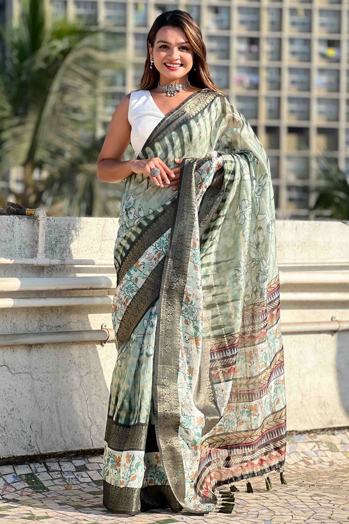 Green Colour Chanderi Crush Printed Saree VSSD1112821