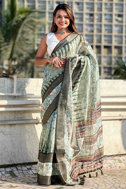 Green Colour Chanderi Crush Printed Saree VSSD1112821