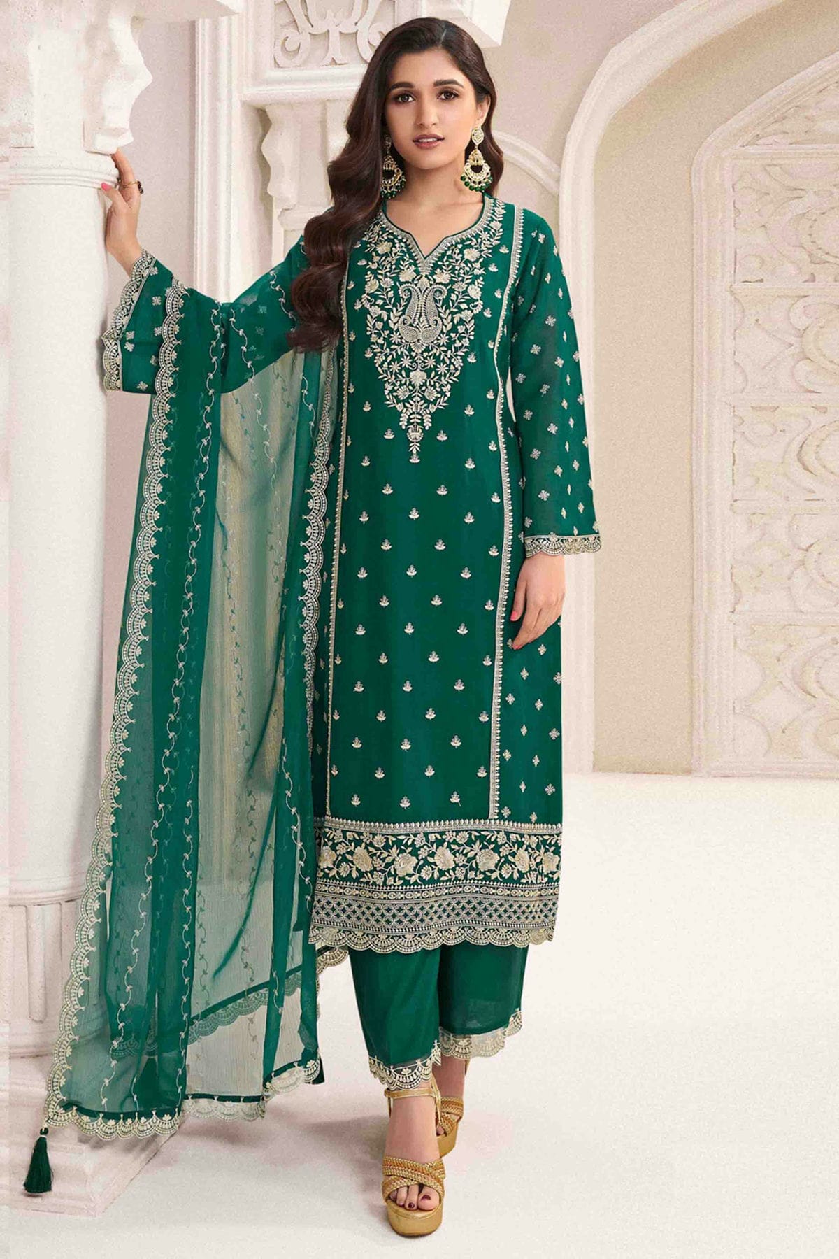 Green Colour Chiffon Palazzo Pant Suit VSSM1113190