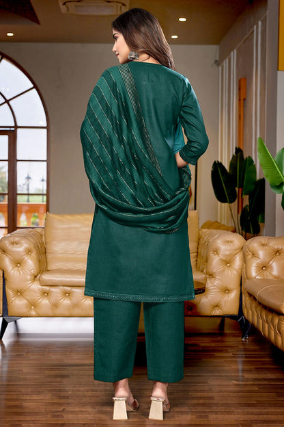 Green Colour Cotton Blend Stitched Suit