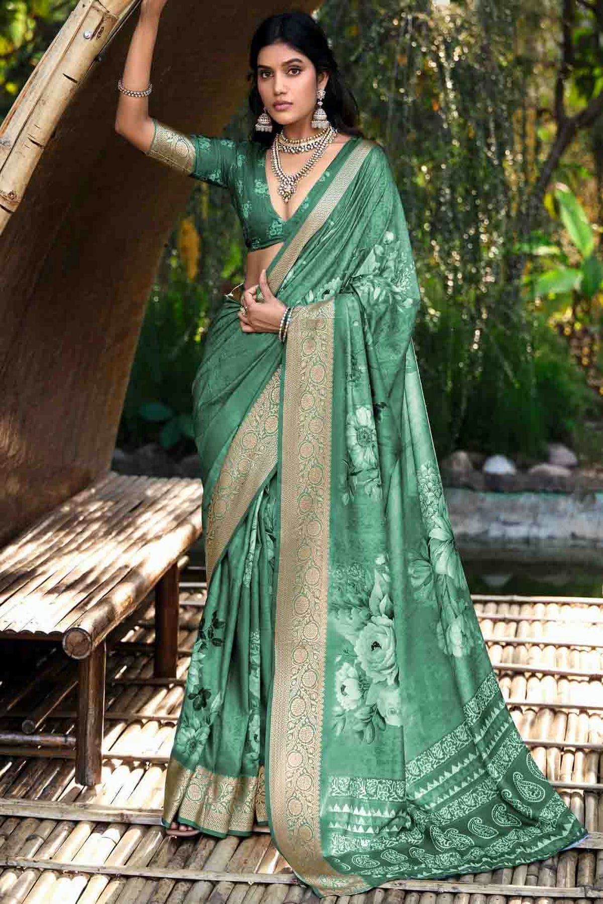 Green Colour Cotton Silk Digital Floral Printed Saree VSSD1113764