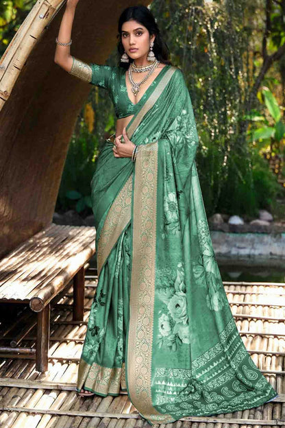 Green Colour Cotton Silk Digital Floral Printed Saree VSSD1113764