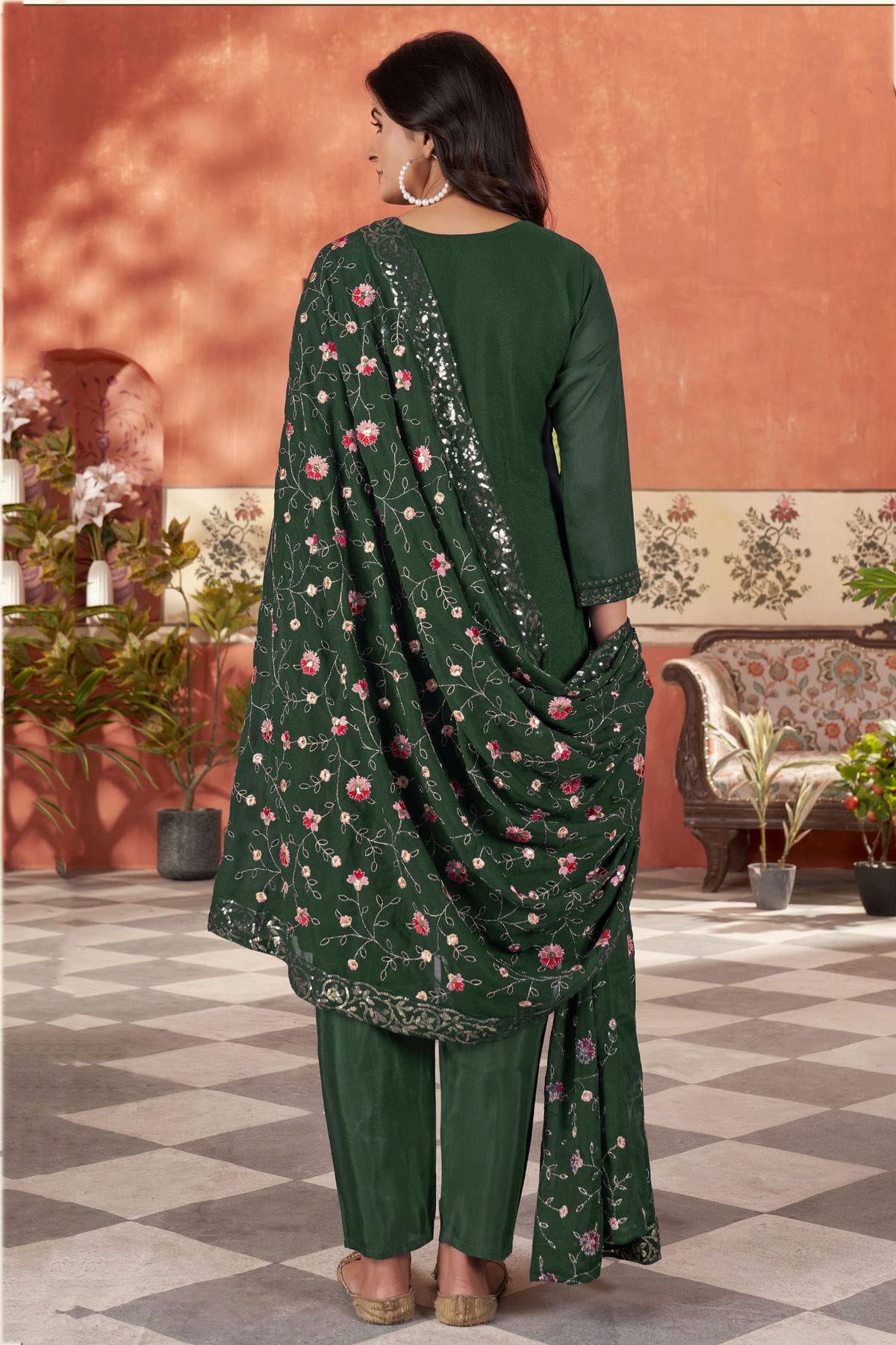 Green Colour Embroidery Georgette Stitched Suit