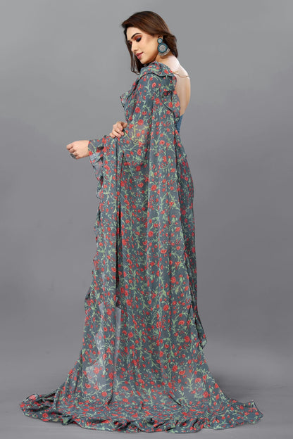 Green Colour Georgette Ruffle Saree VSSD1180112