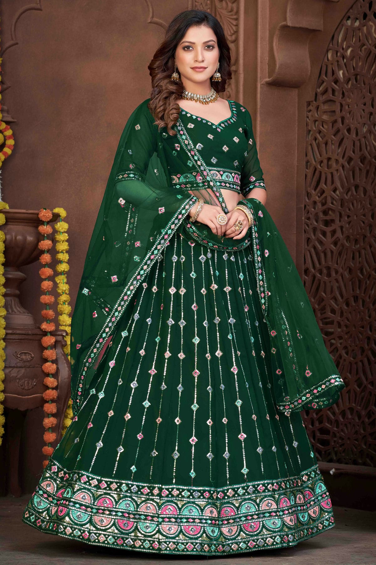 Green Colour Georgette Semi Stitched Lehenga Choli VSLC1170046