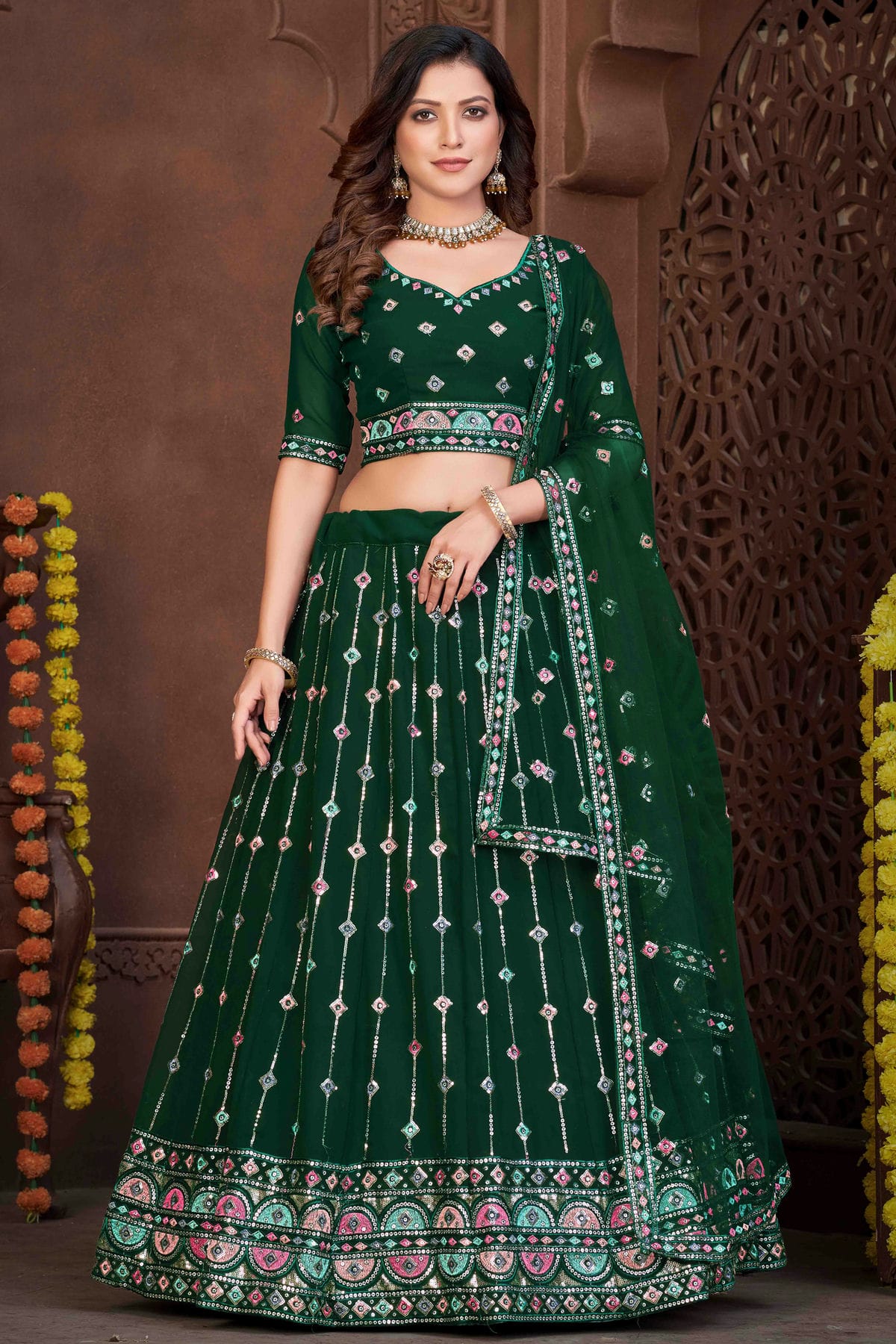Green Colour Georgette Semi Stitched Lehenga Choli VSLC1170046