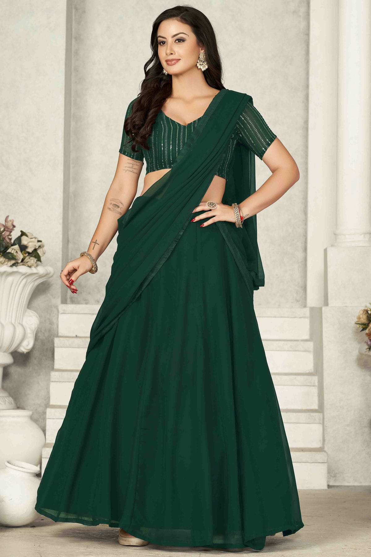Green Colour Georgette Semi Stitched Lehenga Choli VSLC1170072