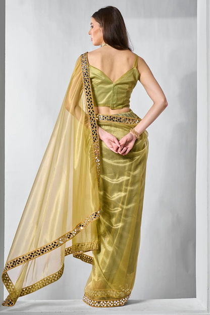 Green Colour Gold Tissue Net Designer Saree