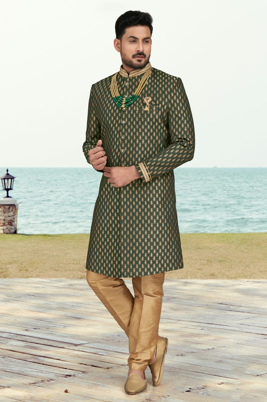 Green Colour Jacquard Indo Western Sherwani VSSH1040507