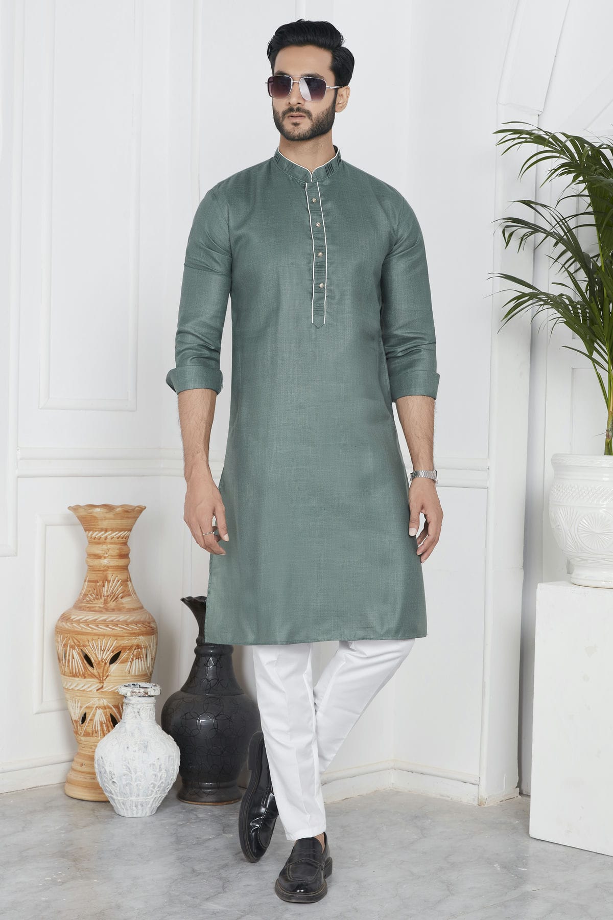 Green Colour Linen Cotton Pintex Work Kurta Pajama VSKP1230133