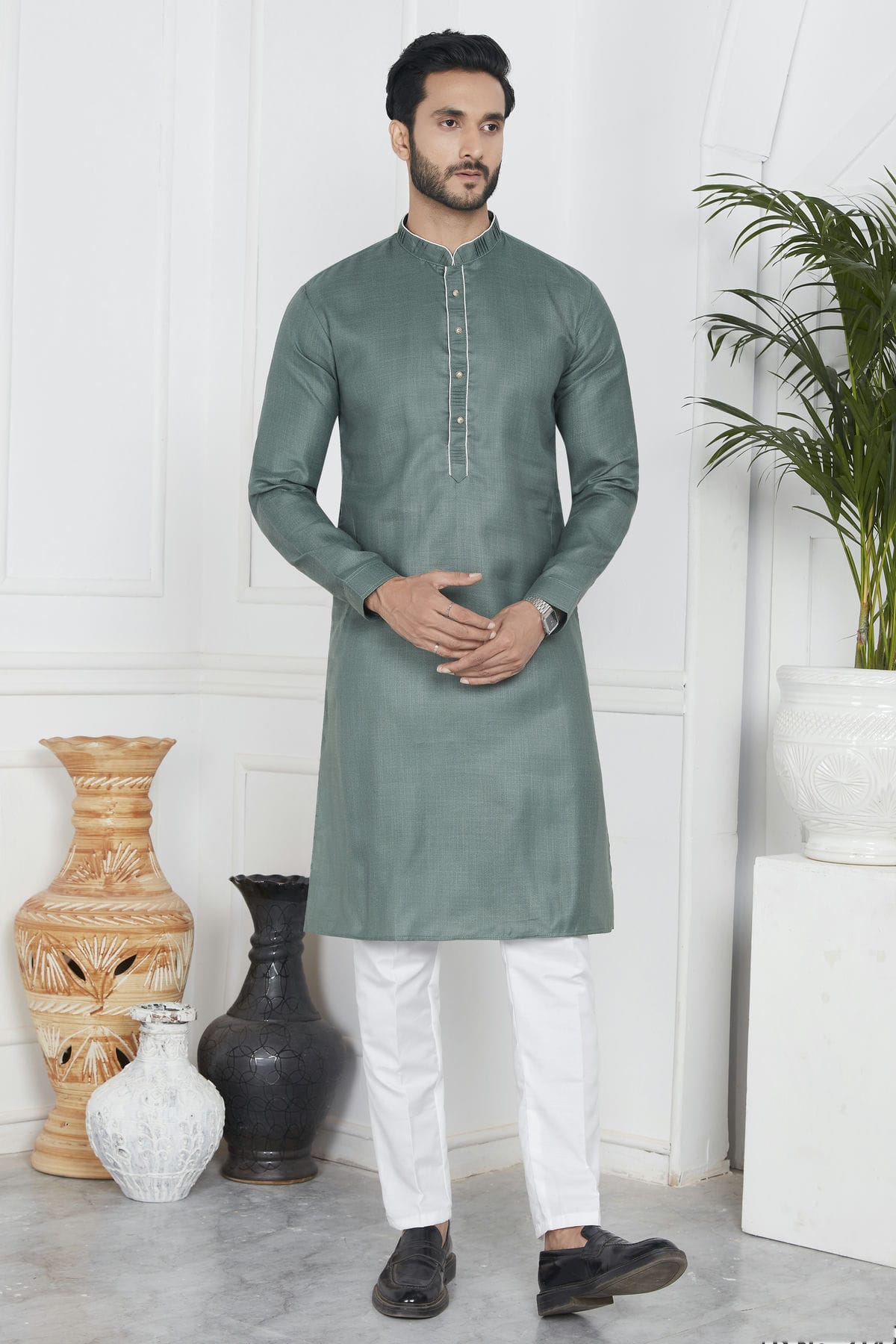 Green Colour Linen Cotton Pintex Work Kurta Pajama