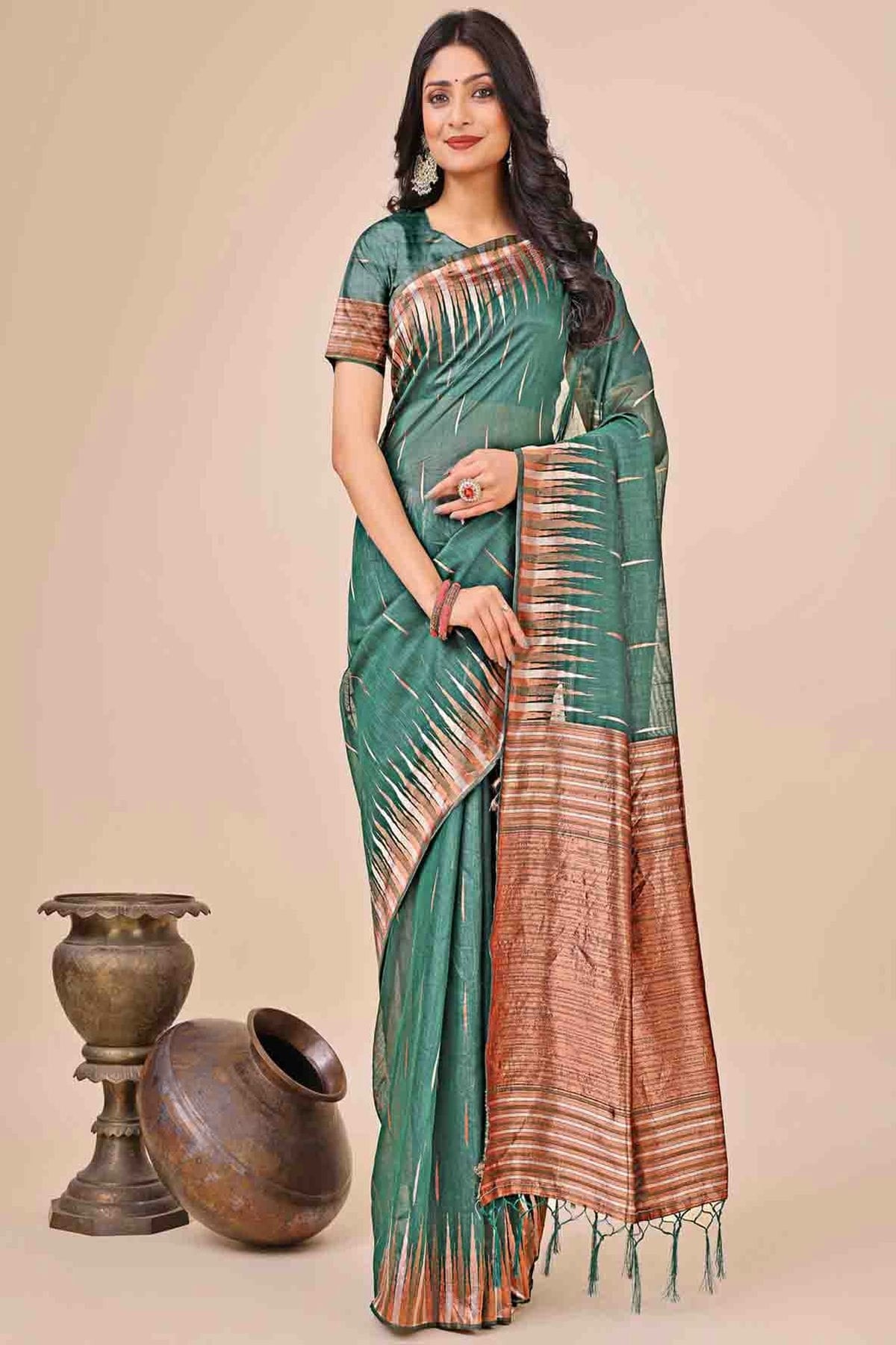 Green Colour Linen Cotton Woven Traditional Sarees VSSD1113780