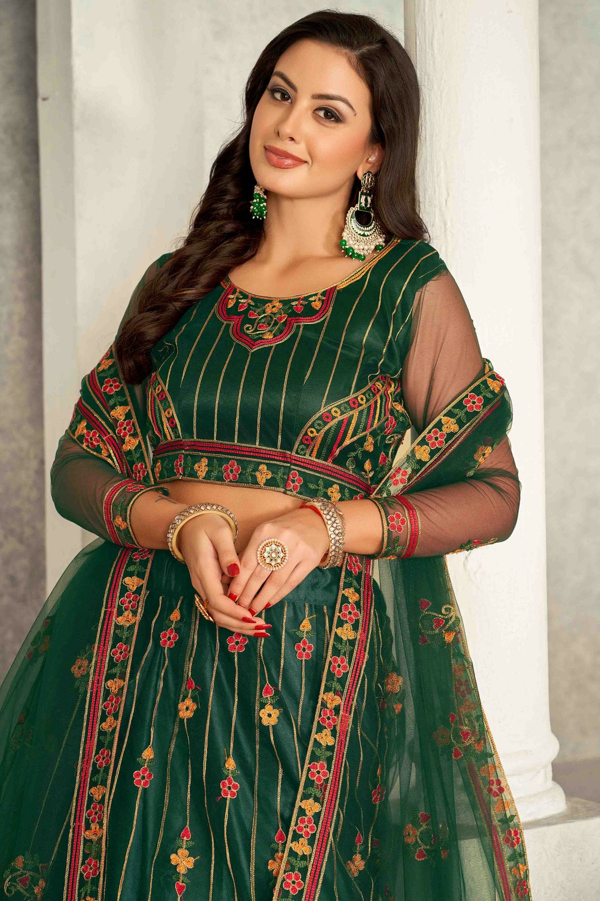 Green Colour Net Semi Stitched Lehenga Choli VSLC1170069