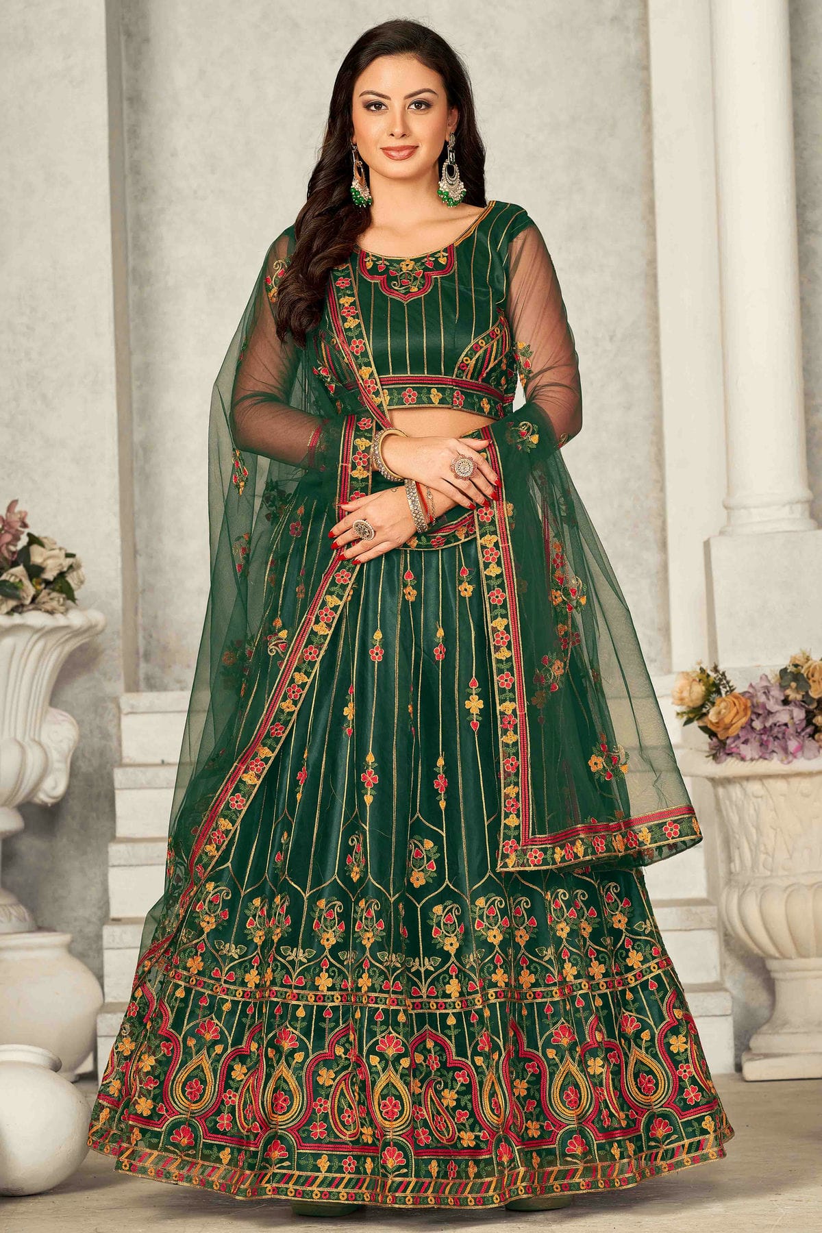 Green Colour Net Semi Stitched Lehenga Choli VSLC1170069