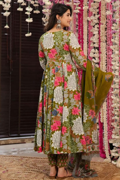 Green Colour Printed Muslin Stitched Suit
