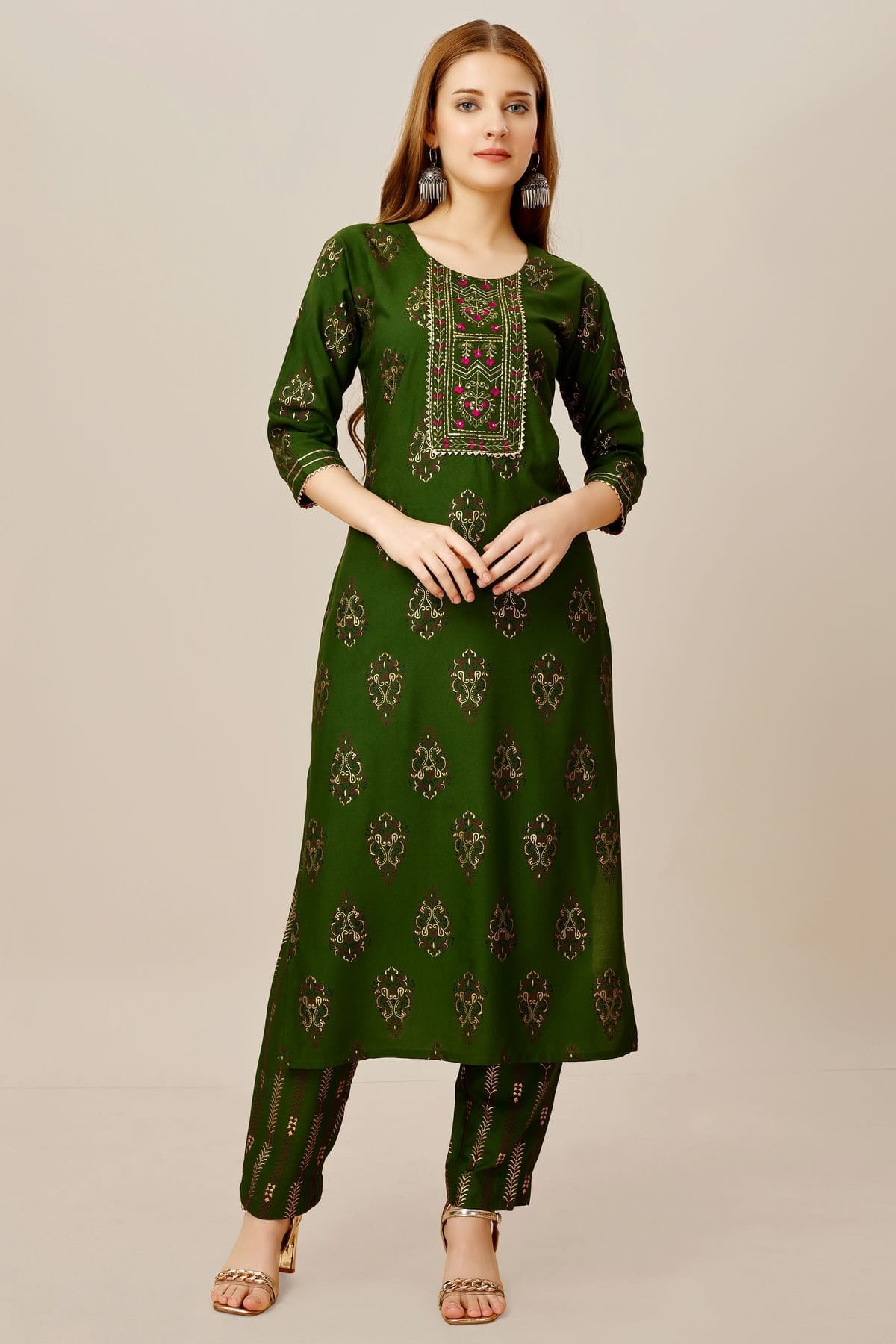 Green Colour Rayon Kurta And Pant Set