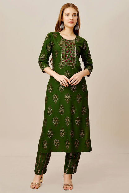 Green Colour Rayon Kurta And Pant Set