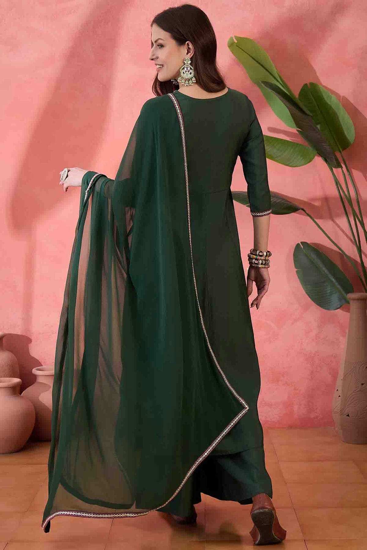 Green Colour Roman Silk Stitched Palazzo Pant Suit VSSS1113915