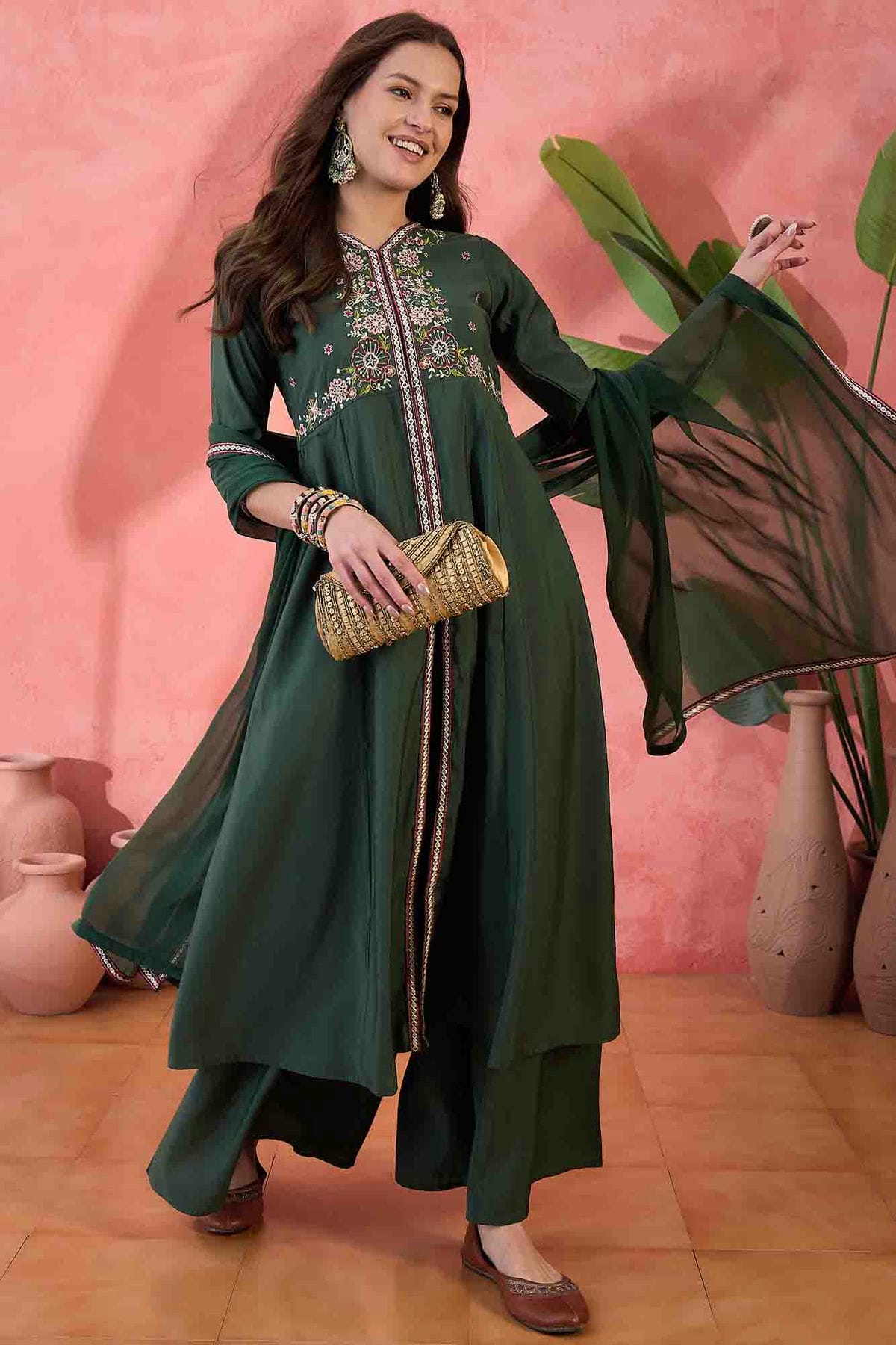 Green Colour Roman Silk Stitched Palazzo Pant Suit VSSS1113915