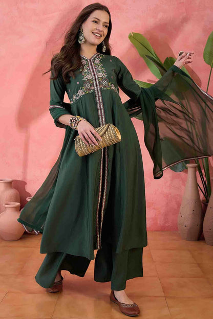 Green Colour Roman Silk Stitched Palazzo Pant Suit VSSS1113915