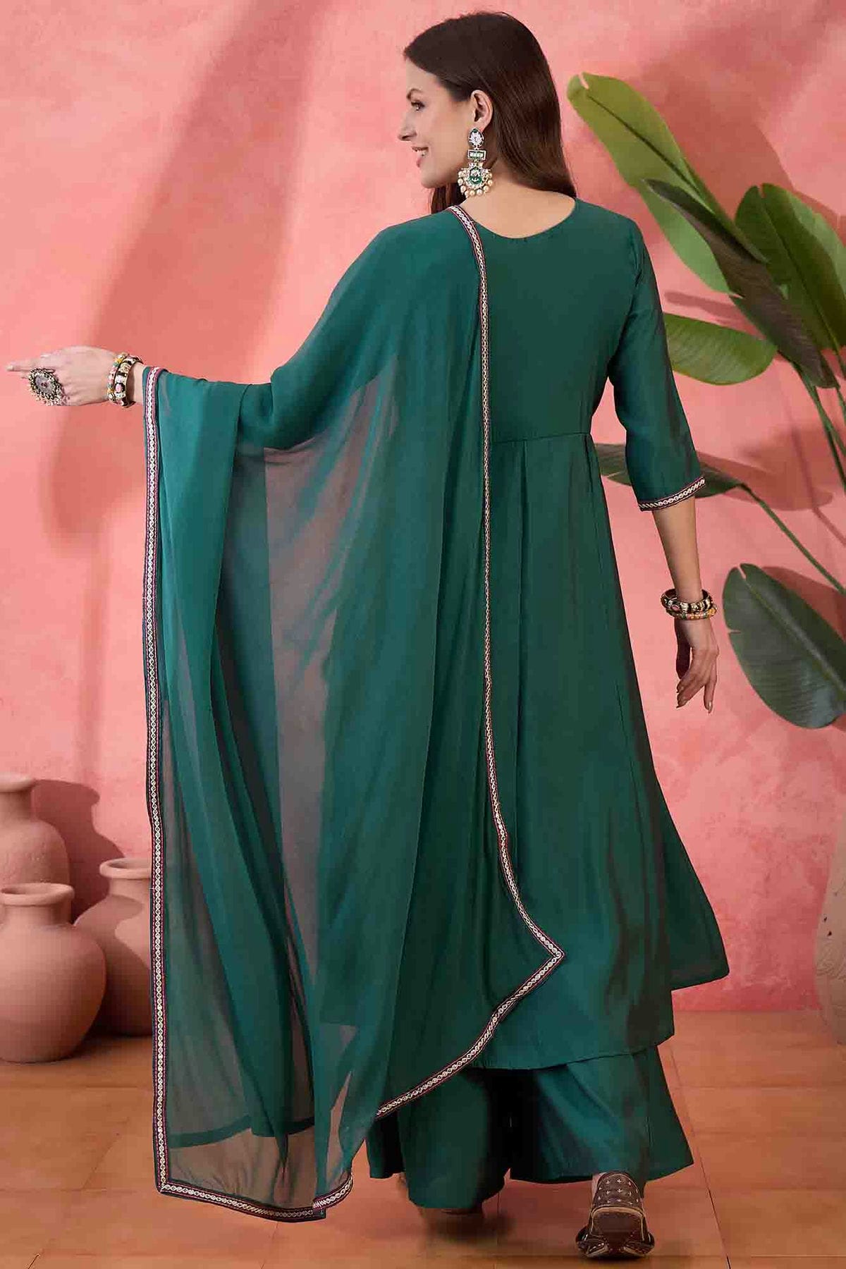 Green Colour Roman Silk Stitched Palazzo Pant Suit VSSS1113917