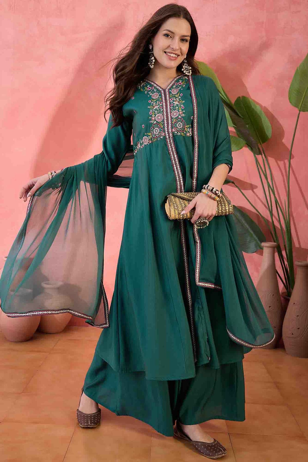 Green Colour Roman Silk Stitched Palazzo Pant Suit VSSS1113917