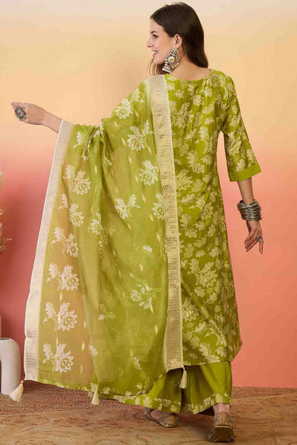 Green Colour Roman Silk Stitched Palazzo Pant Suit VSSS1113929