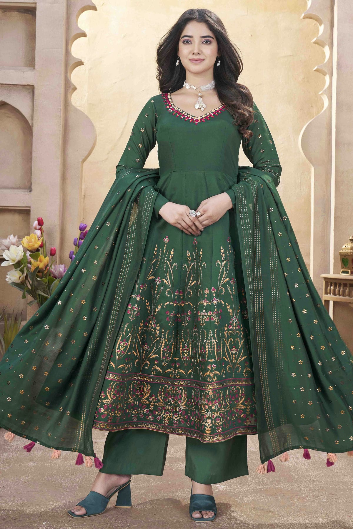 Green Colour Roman Silk Stitched Suit VSSS1112892
