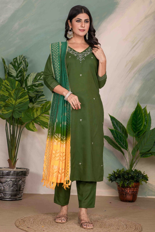 Green Colour Roman Silk Stitched Suit VSSS1113307