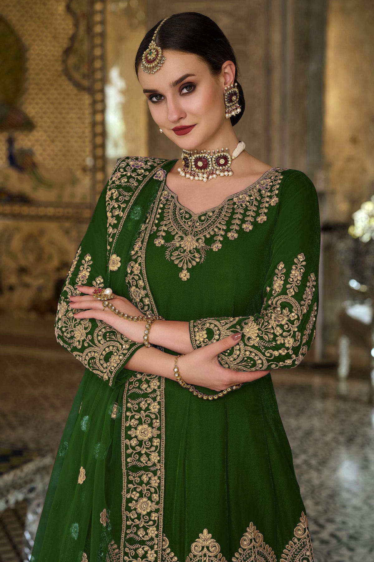 Green Colour Semi Stitched 9000 Velvet Anarkali Suit VSSM1140199