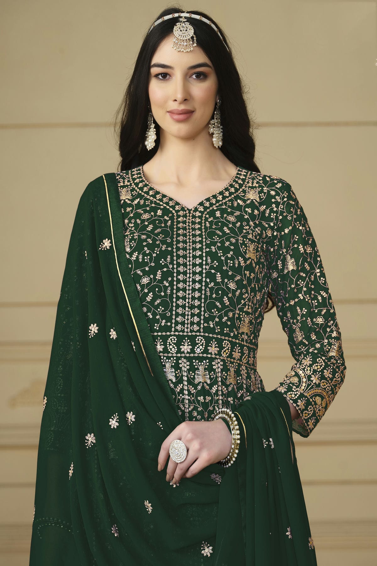 Green Colour Semi Stitched Faux Georgette Anarkali Suit VSSM1050477