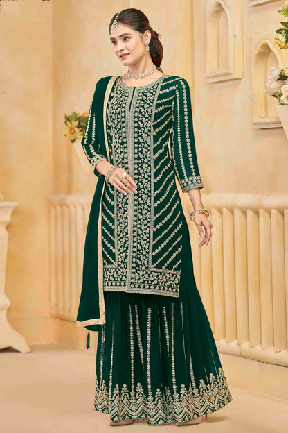Green Colour Semi Stitched Faux Georgette Sharara Suit VSSM1050747