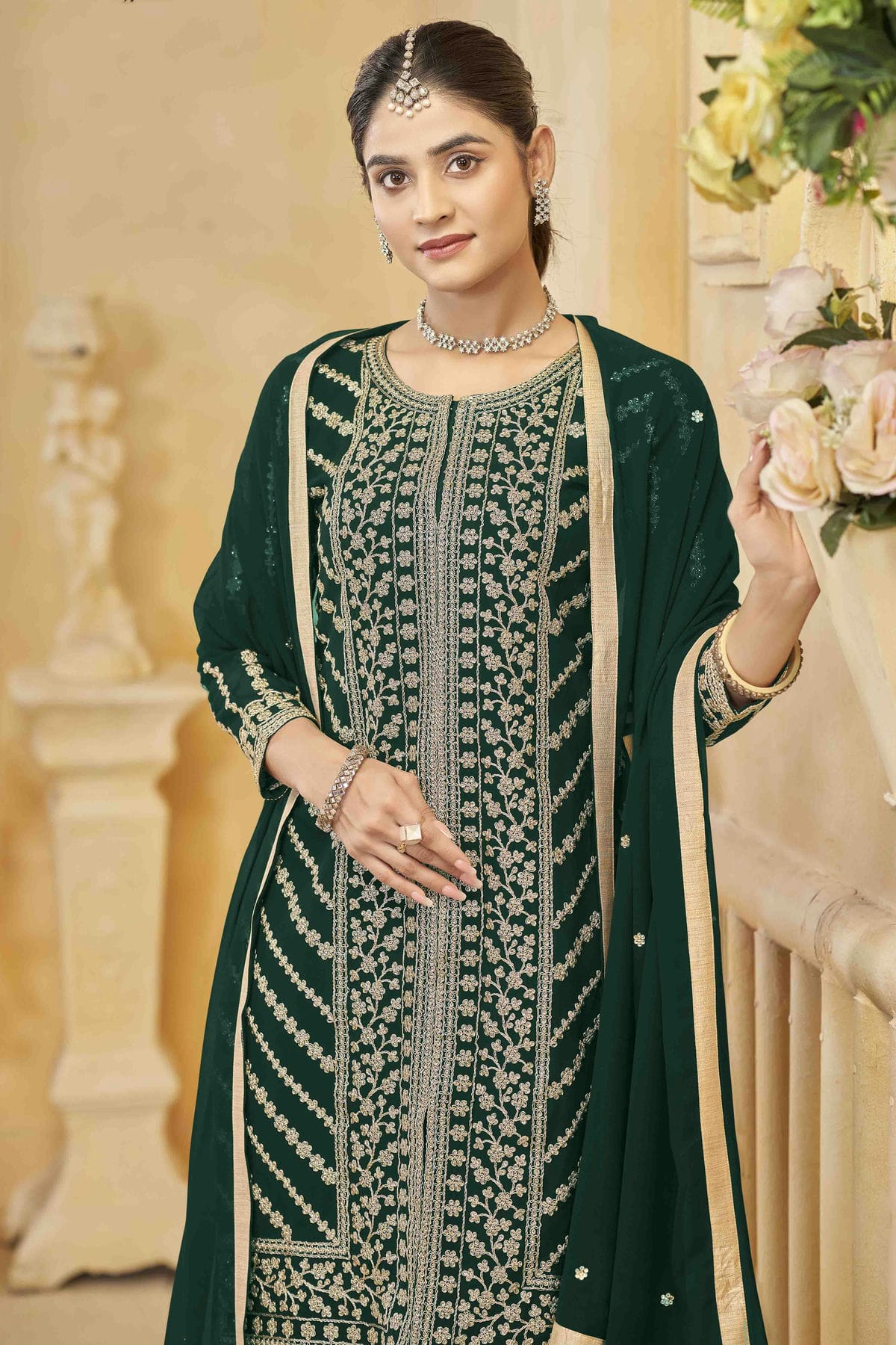 Green Colour Semi Stitched Faux Georgette Sharara Suit VSSM1050747