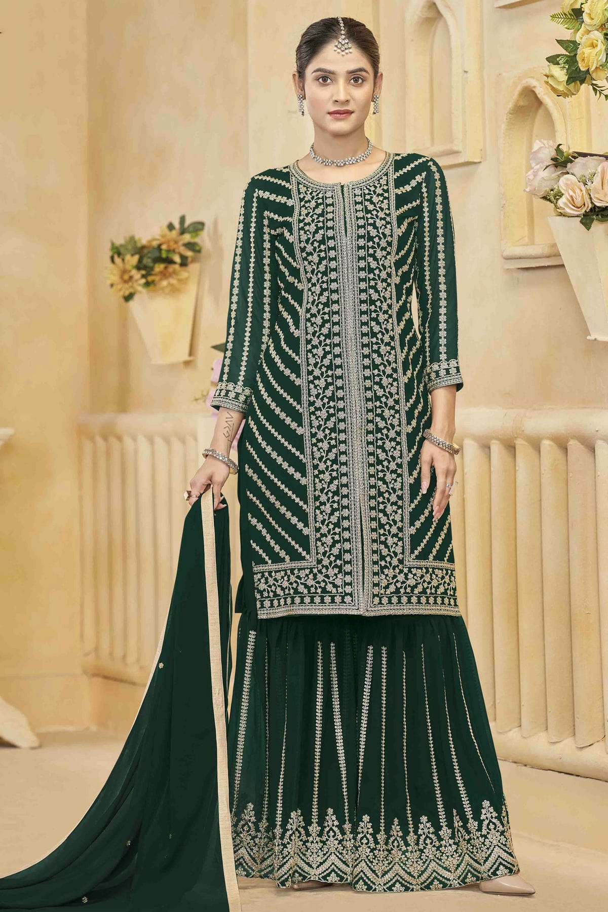 Green Colour Semi Stitched Faux Georgette Sharara Suit VSSM1050747