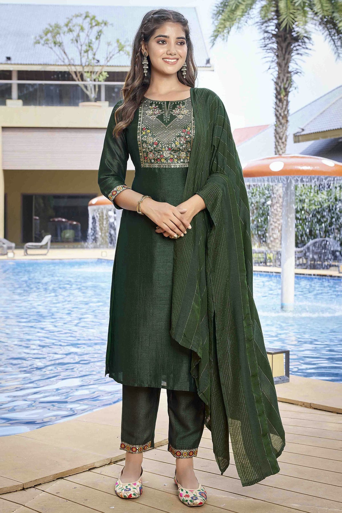 Green Colour Silk Blend Printed Pant Style Suit VSSS1113674