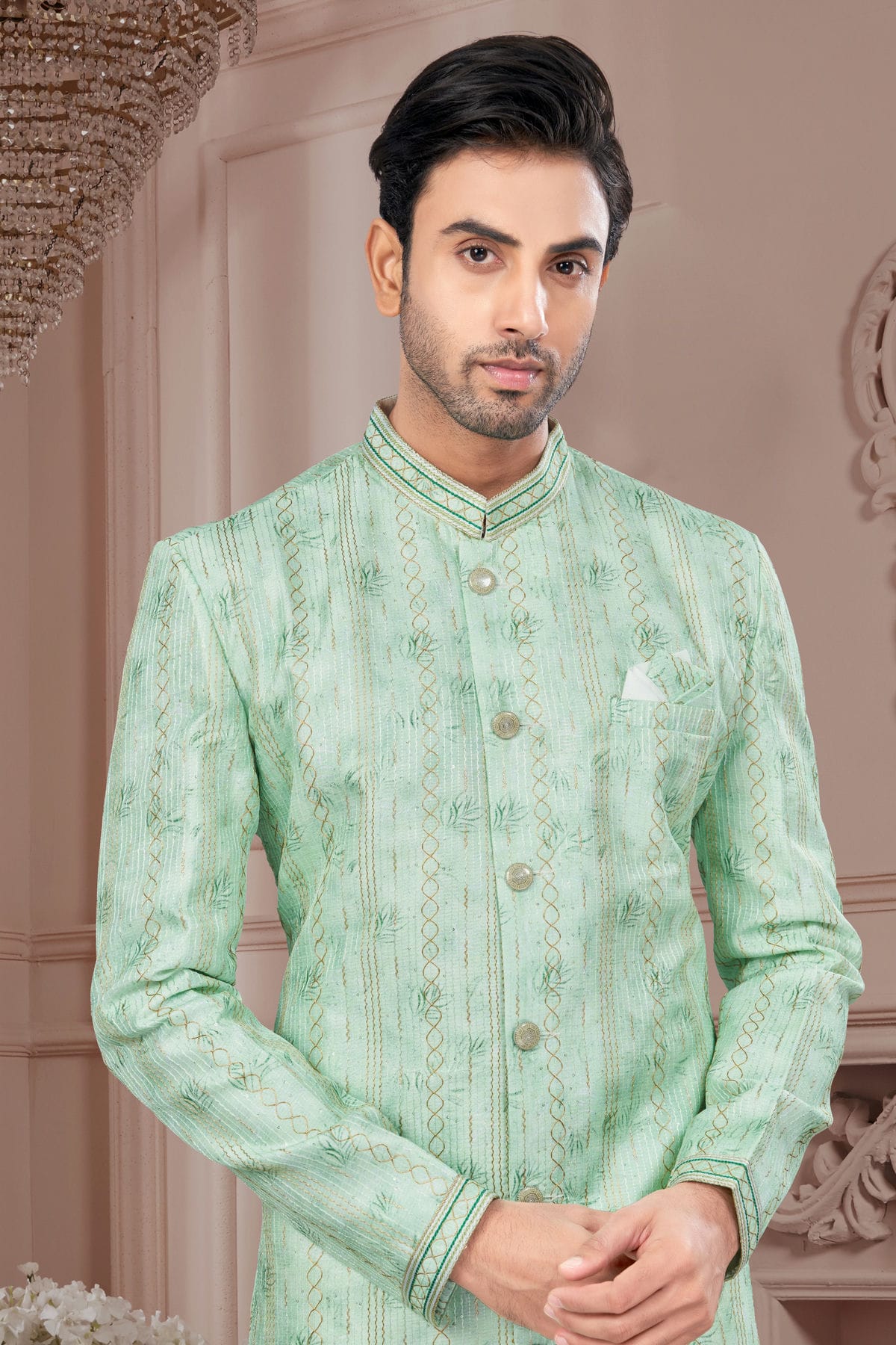 Green Colour Silk Dupion Sherwani VSSH1040605