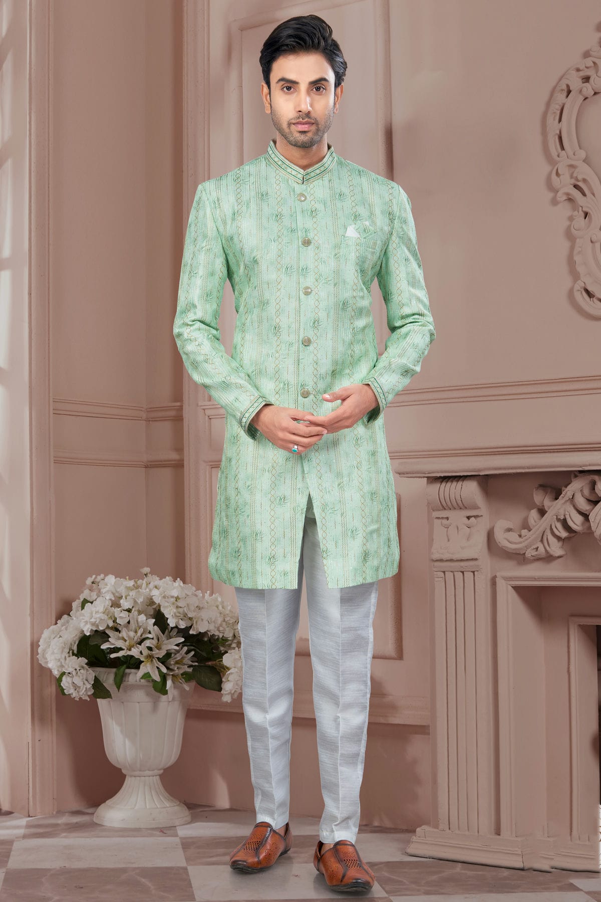 Green Colour Silk Dupion Sherwani