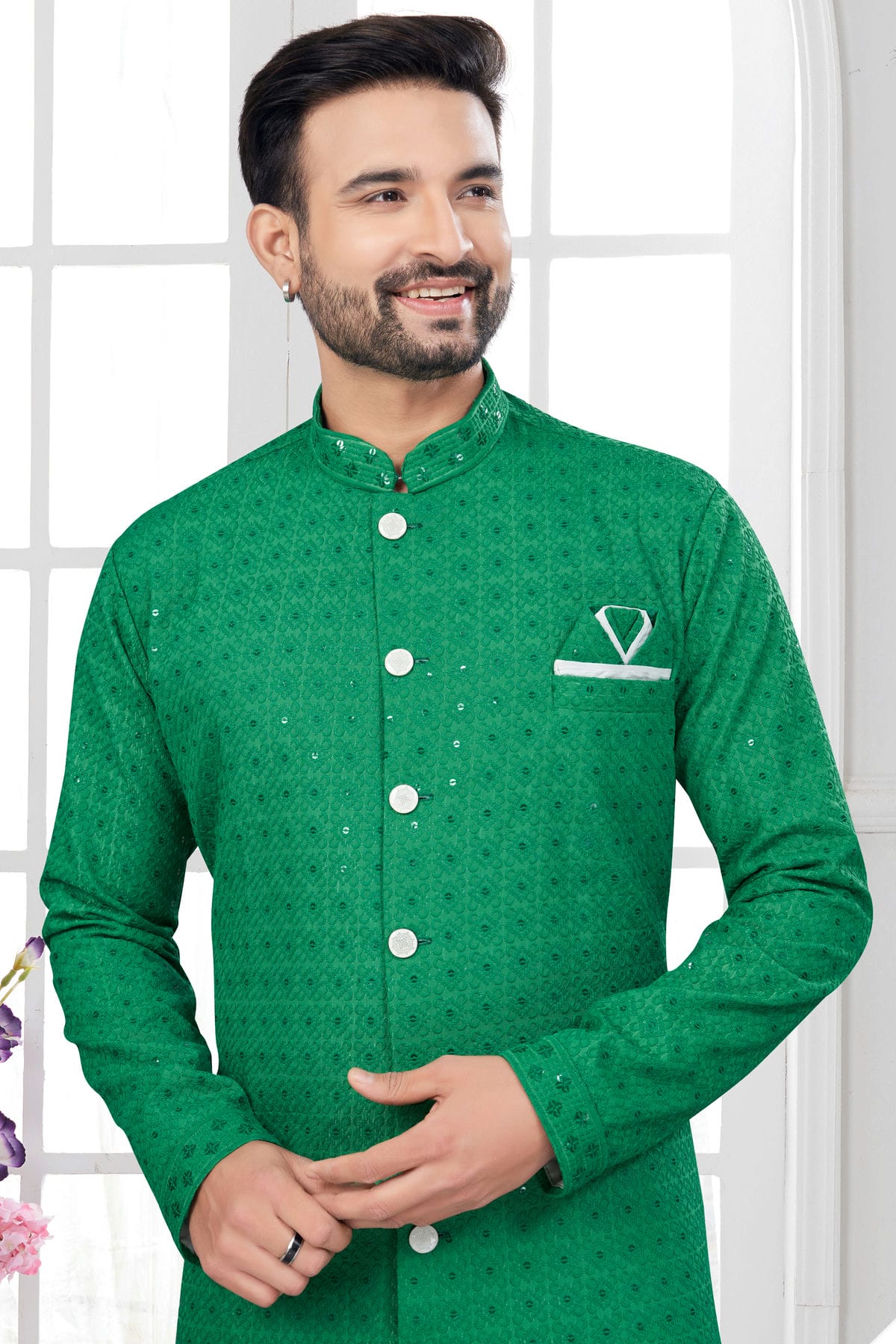 Green Colour Silk Dupion Sherwani VSSH1040607